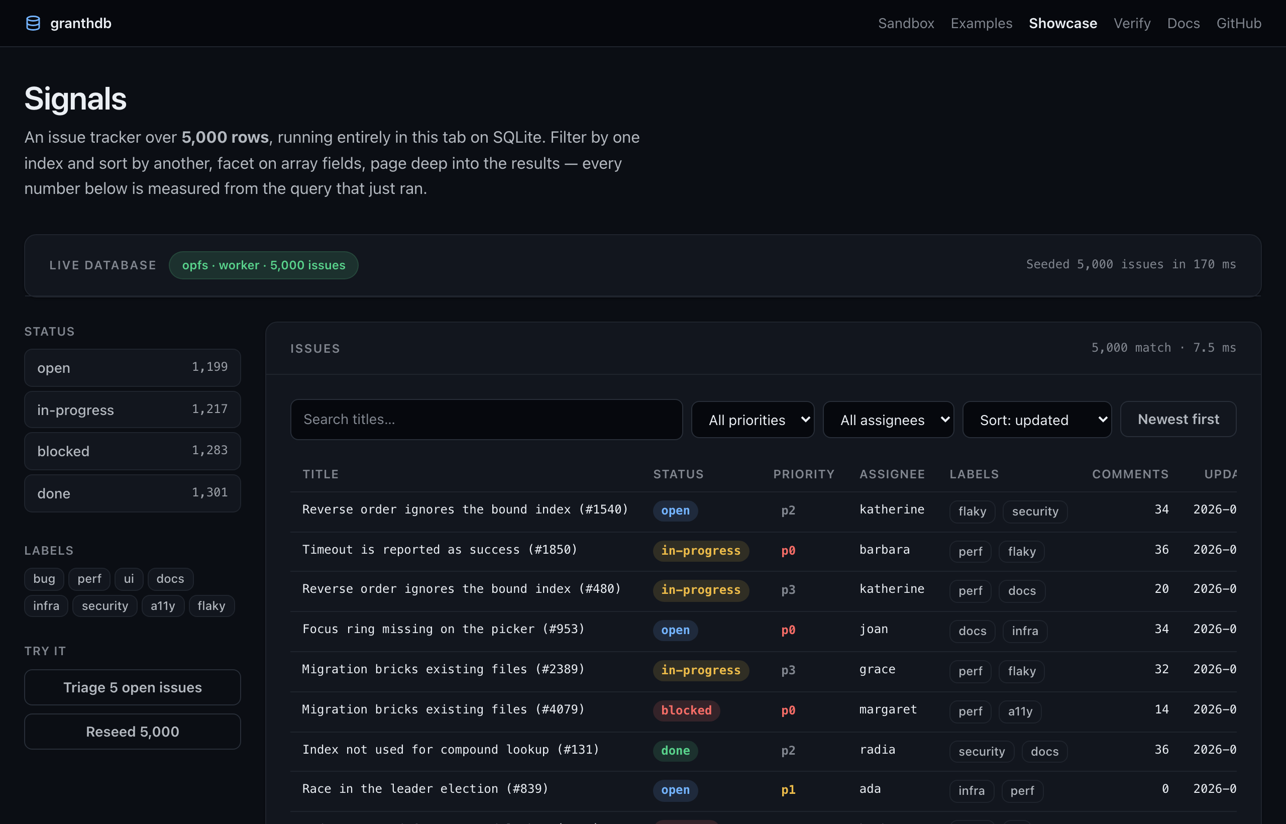 Signals: status facets with live counts beside a filterable table of issues.