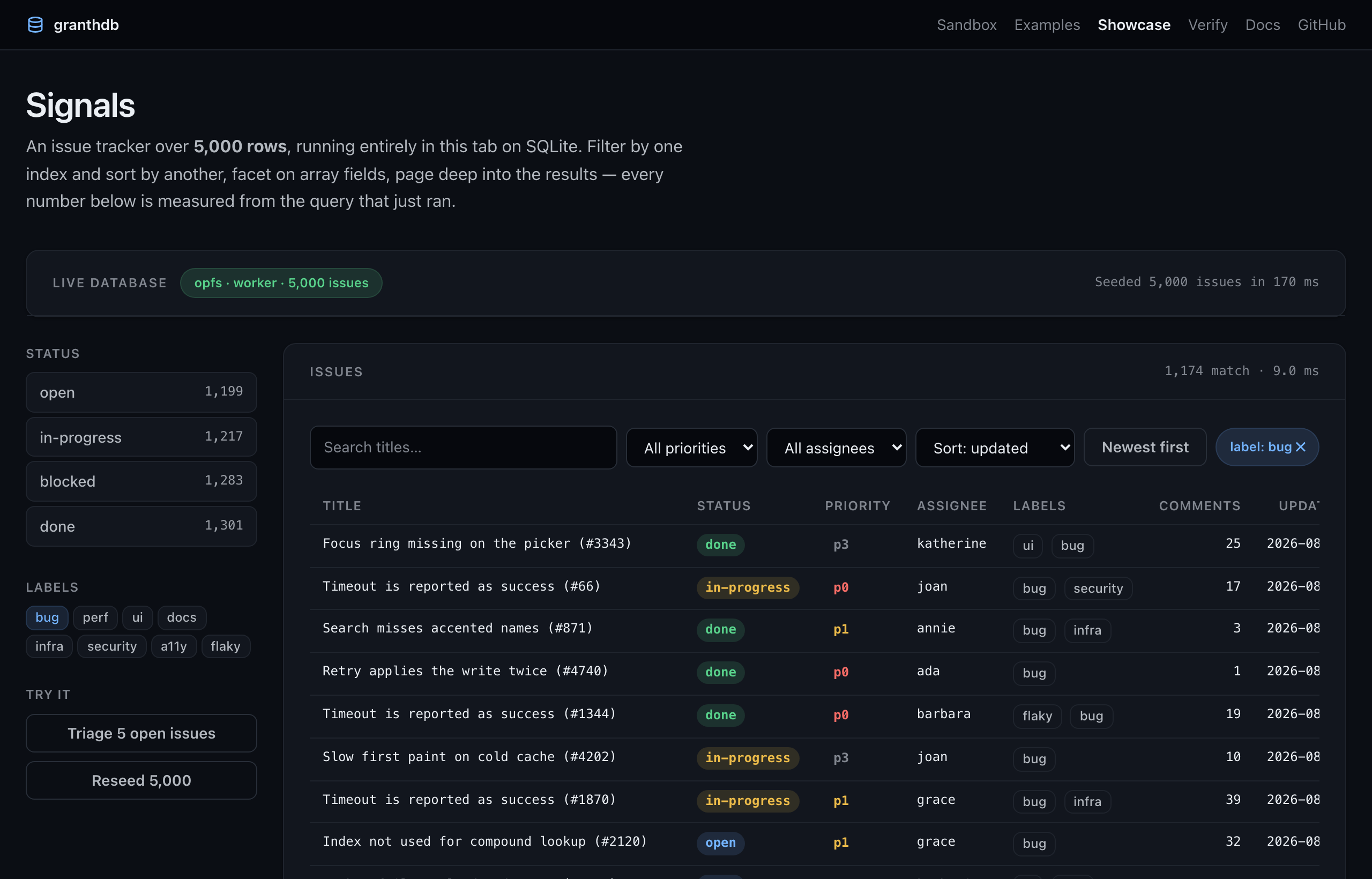 Signals: status facets with live counts beside a filterable table of issues.