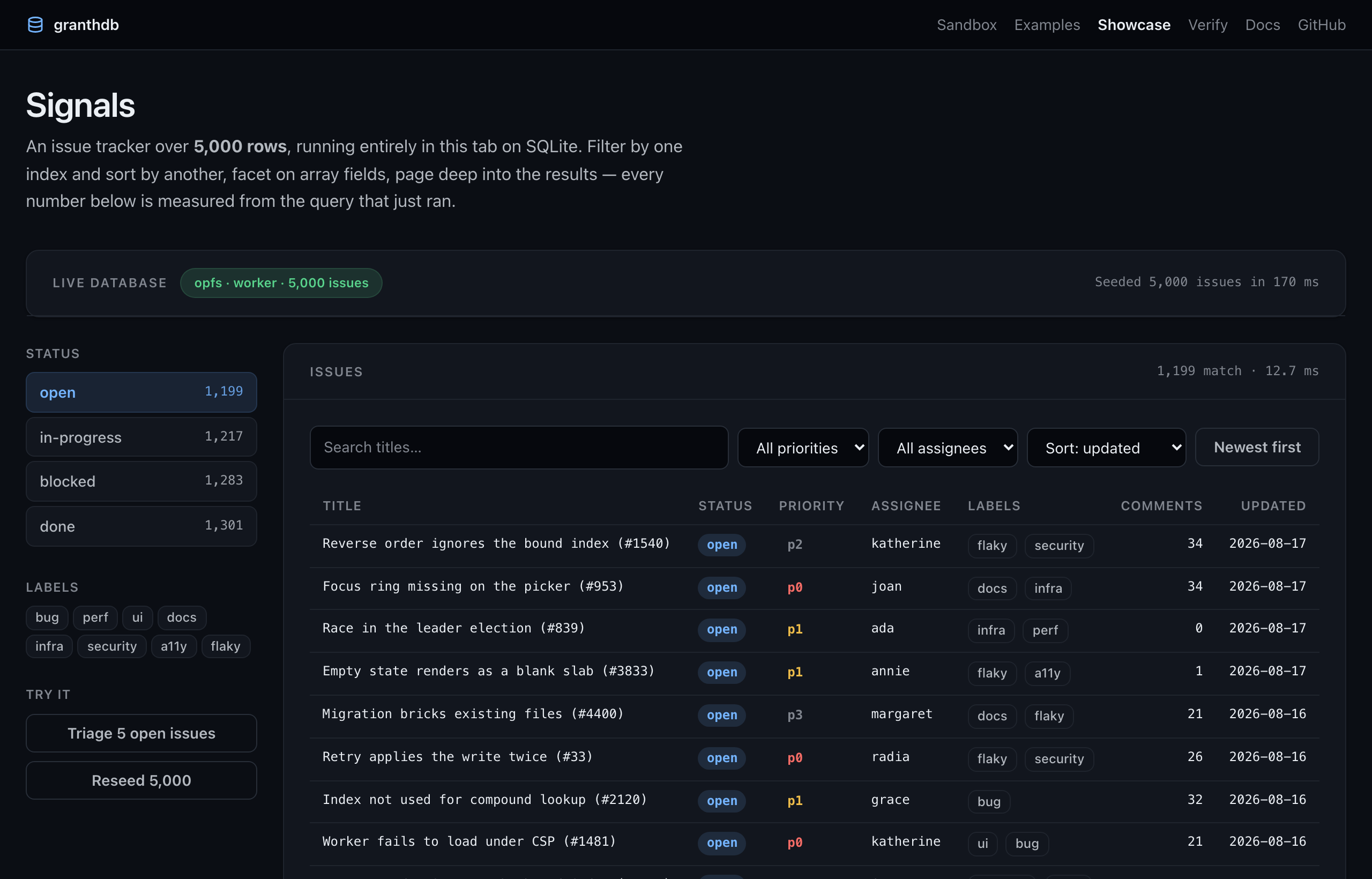 Signals: status facets with live counts beside a filterable table of issues.